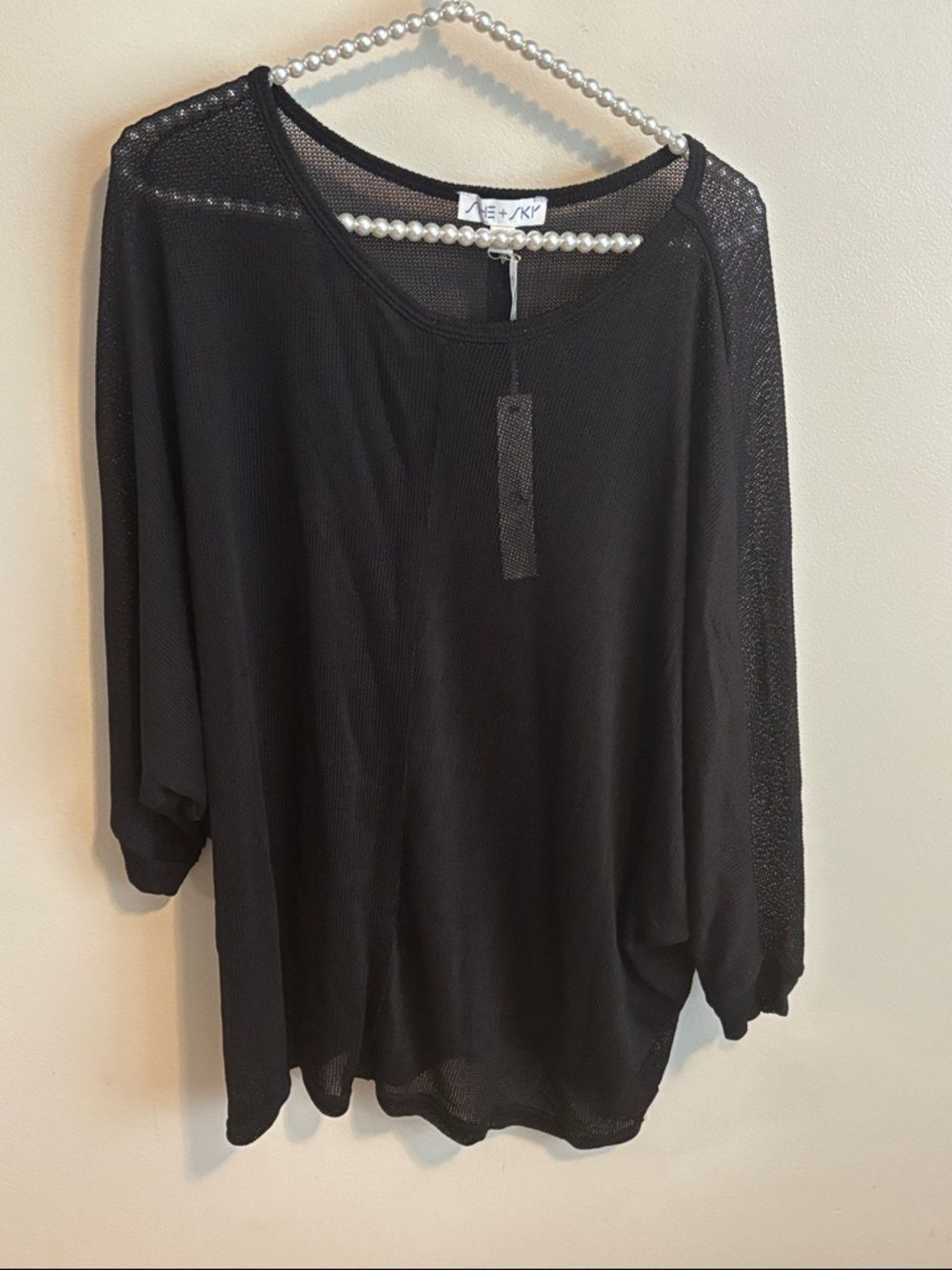 NEW She + Sky Black Sheer Open Knit Top 1XL Dolman Sleeve Lightweight Sweater